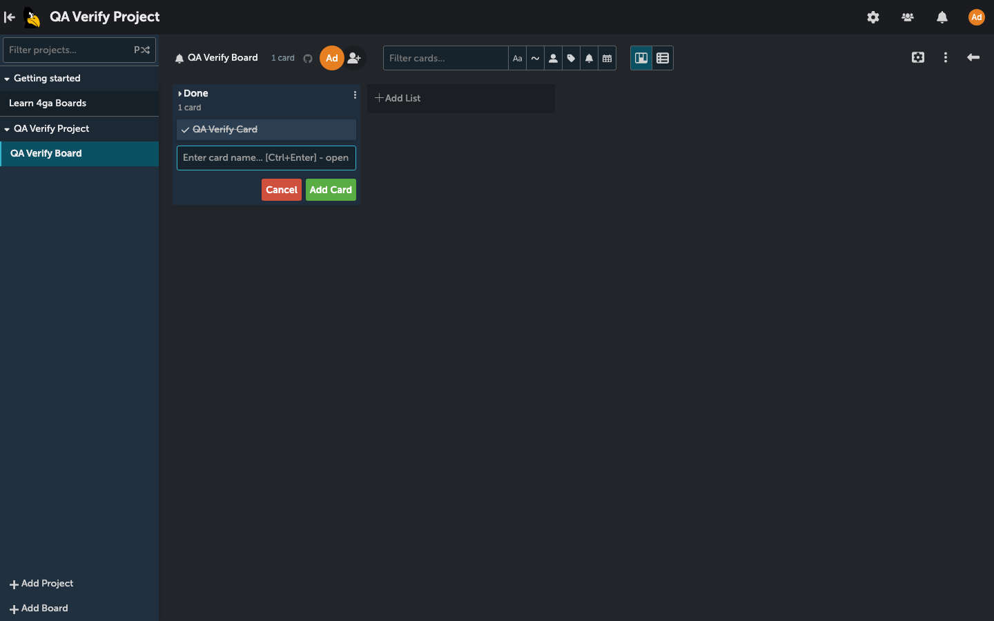 4ga Boards dark-mode board with a Done list holding one completed card, a project sidebar and card filters