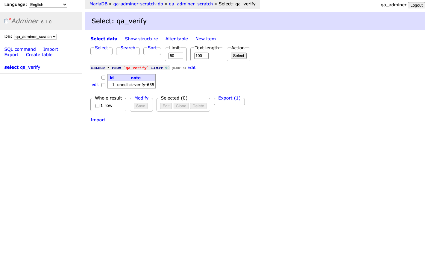 Browsing table rows in Adminer's select view