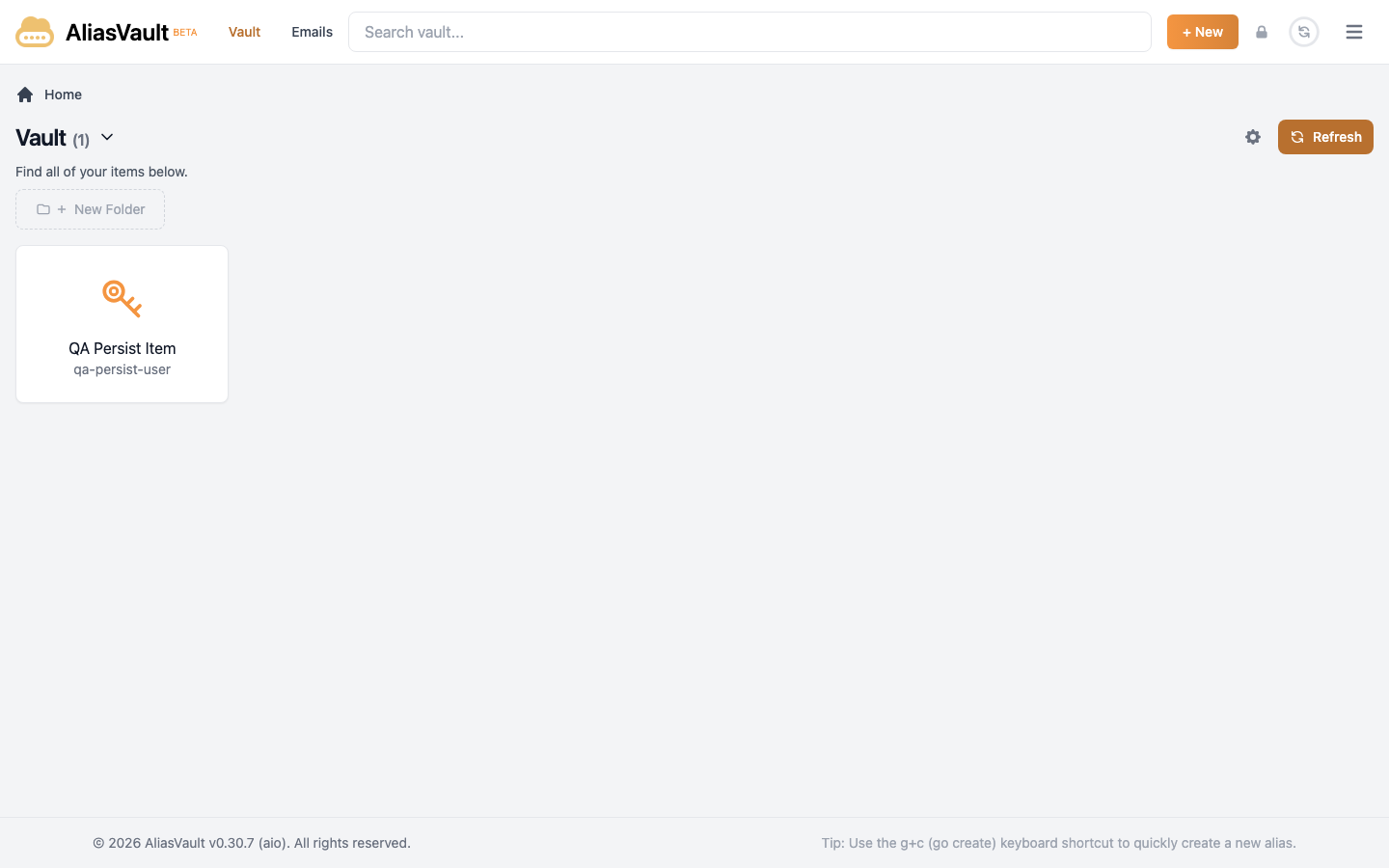 An AliasVault vault showing a stored login item in the web app