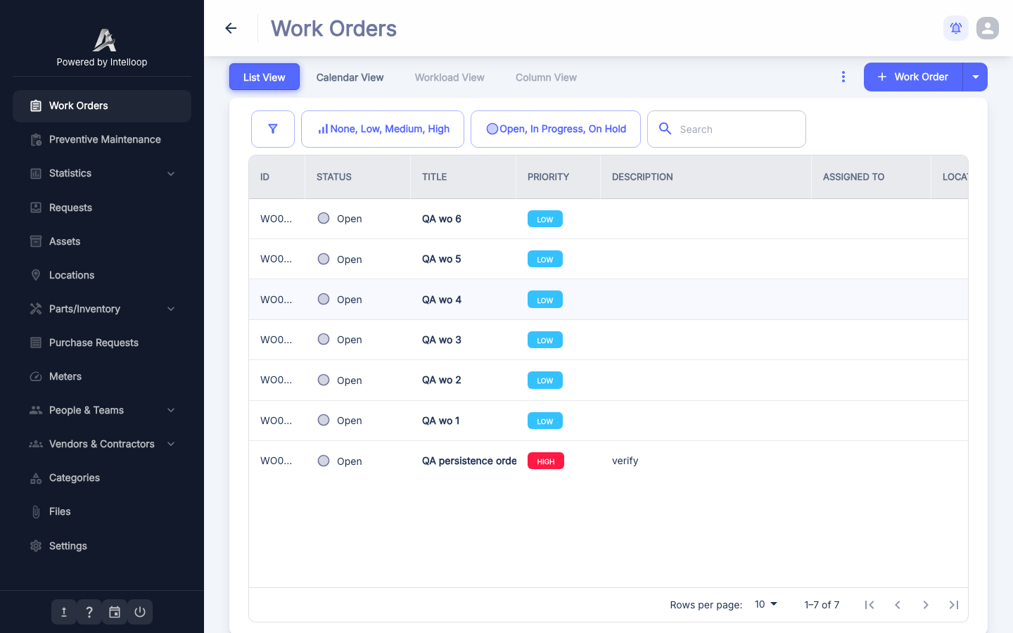 Atlas CMMS work order list after signing in on a freshly deployed install