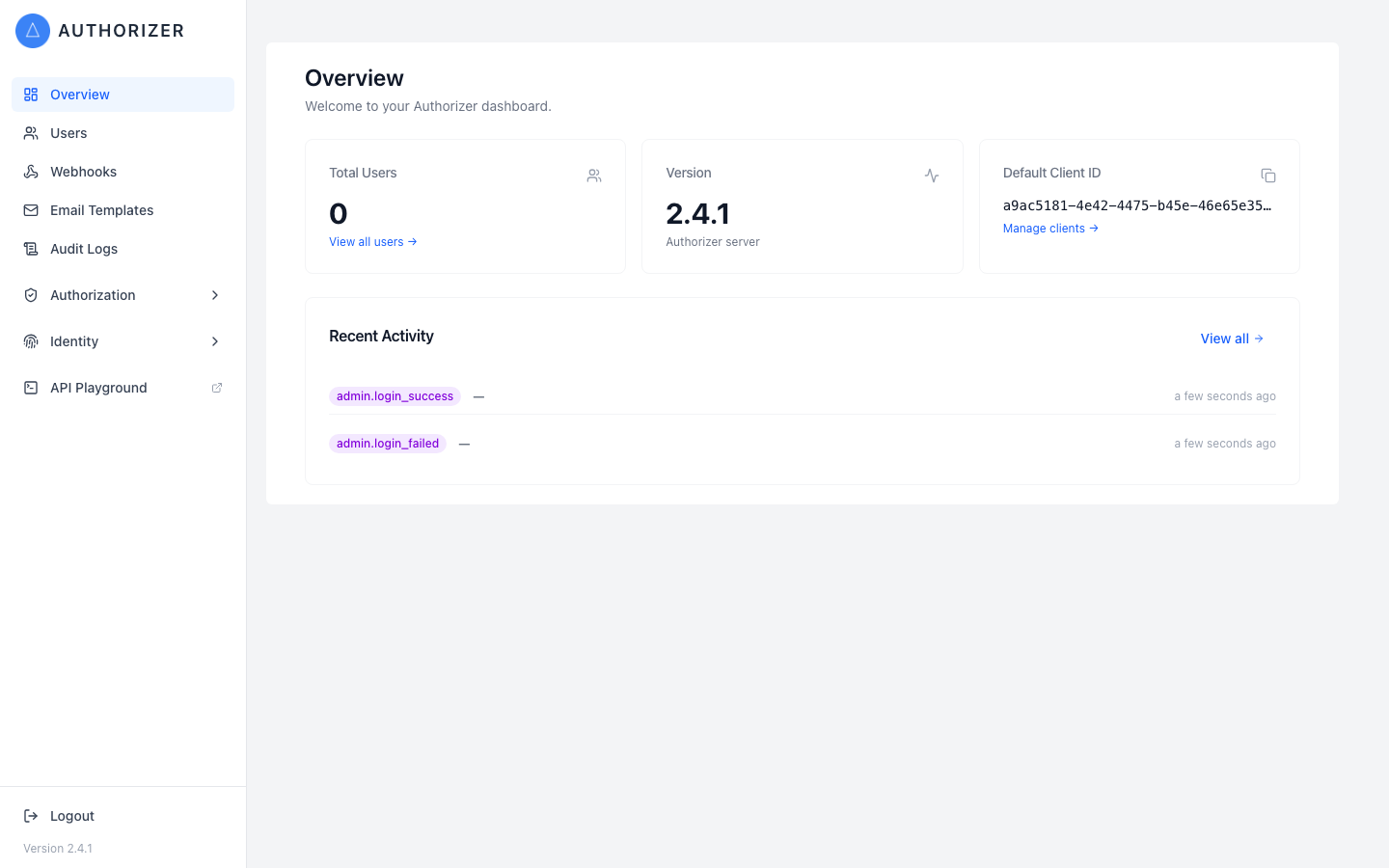 The Authorizer dashboard overview showing total users, version 2.4.1, the default client ID and recent admin activity