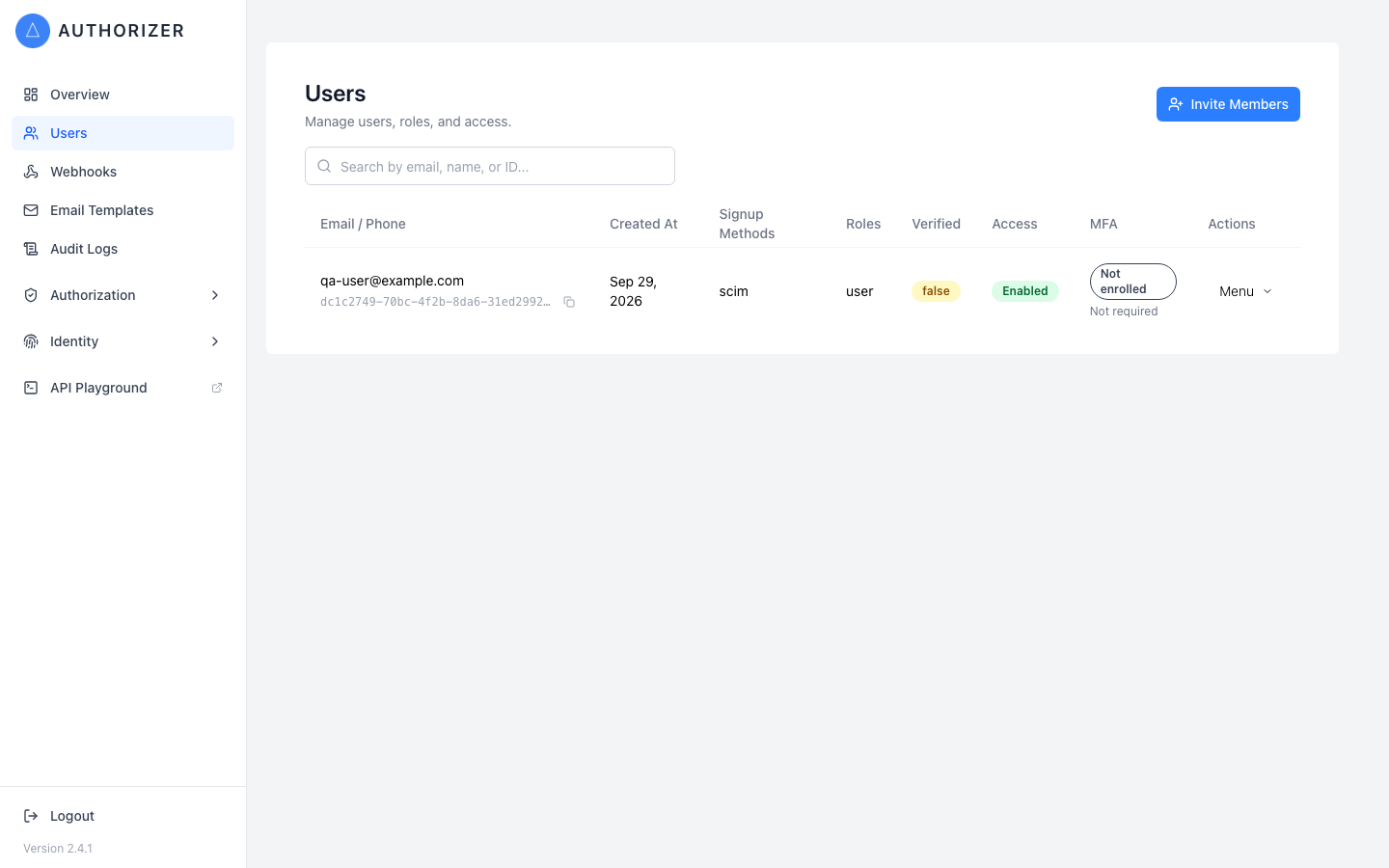The Authorizer Users page listing a user with roles, verification, access and MFA status and an Invite Members button