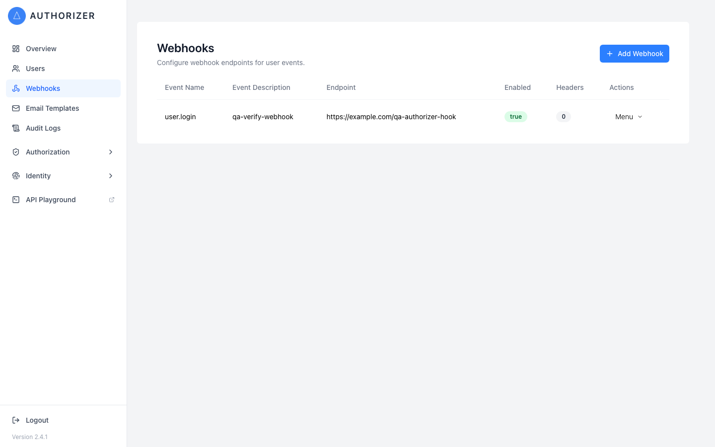The Authorizer Webhooks page with a user.login webhook enabled