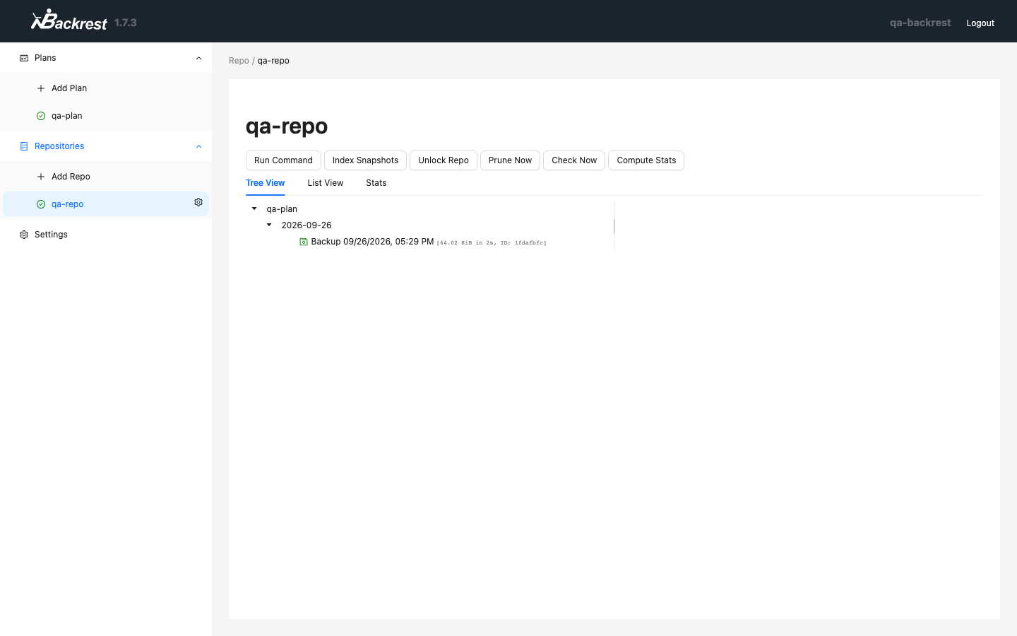 A Backrest repository page with Prune Now, Check Now and Compute Stats actions