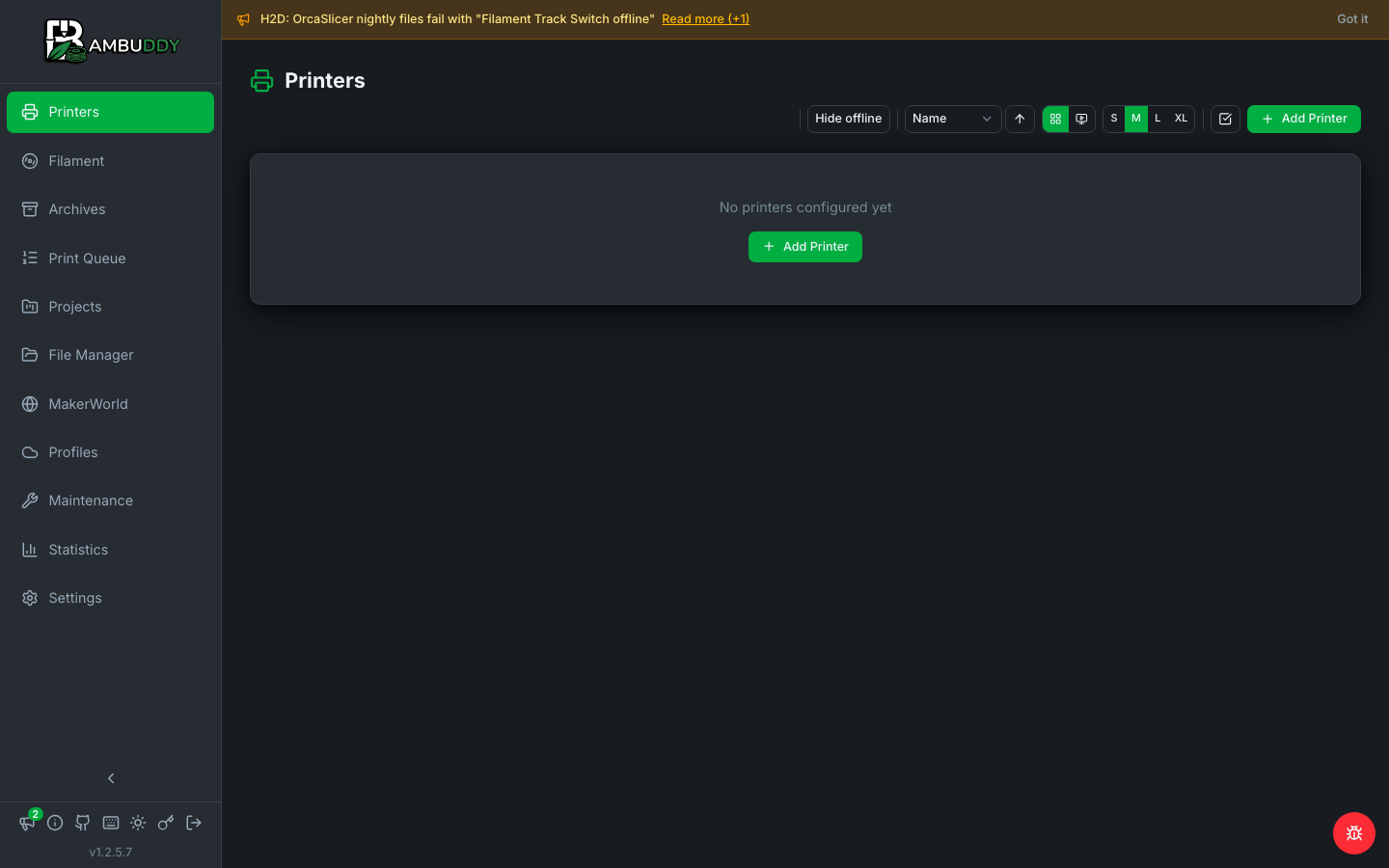 The Bambuddy dashboard on an xCloud install