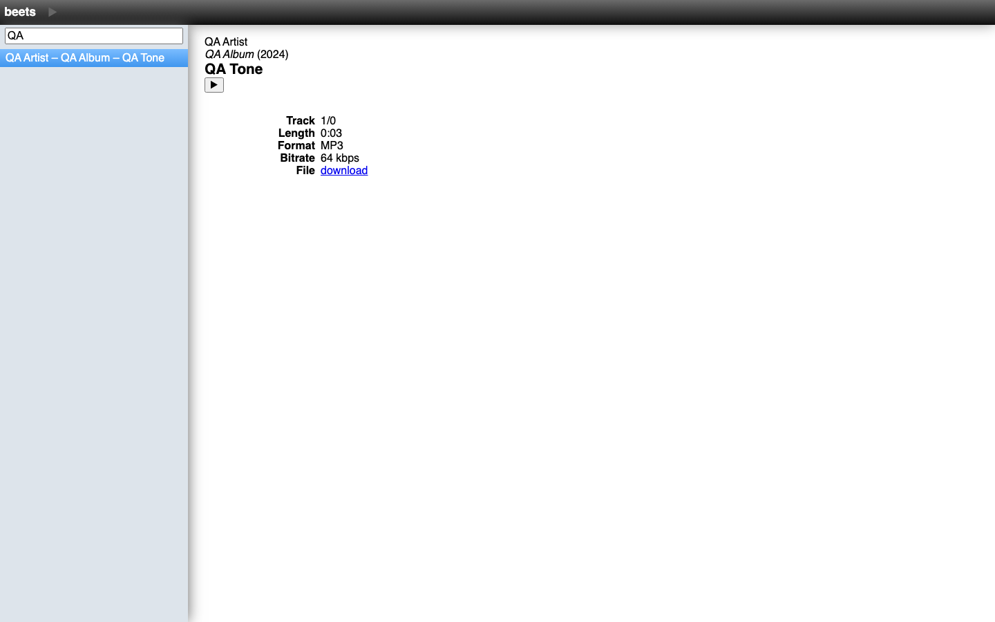 A Beets item detail page showing a track's metadata