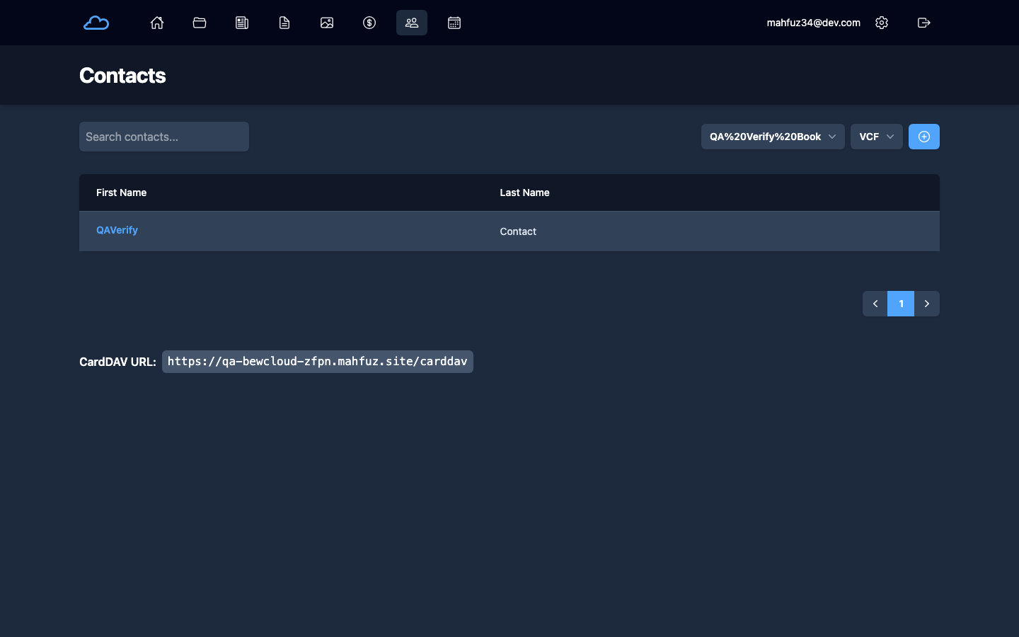 bewCloud Contacts app showing a created contact