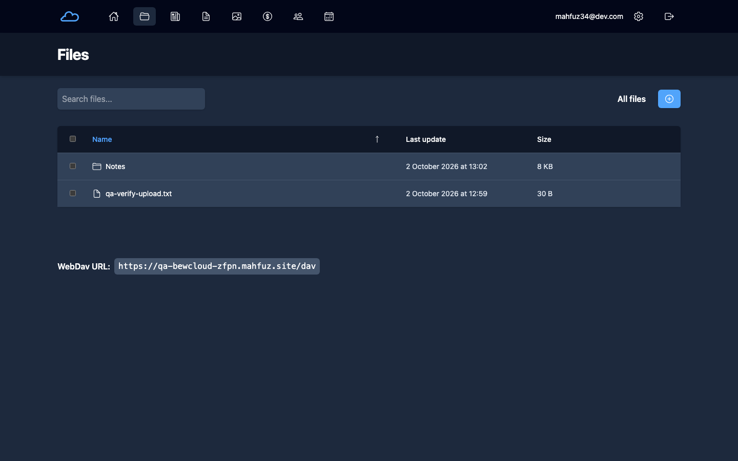 bewCloud Files app showing an uploaded file