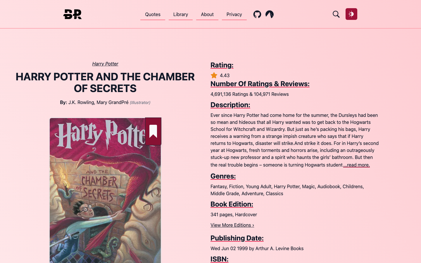 BiblioReads book page showing the title, authors and quotes