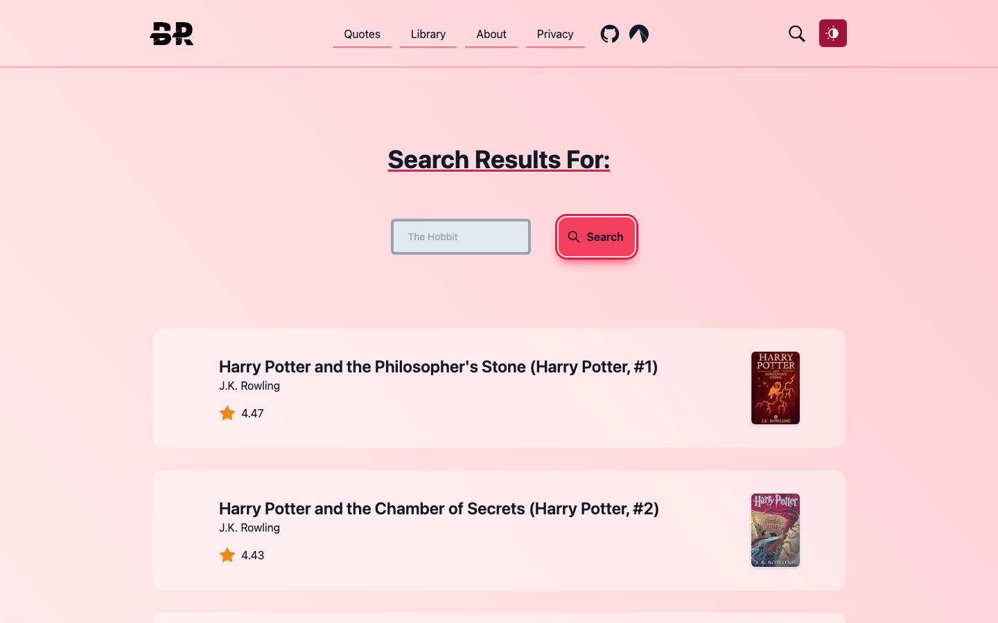 BiblioReads search results listing books for a Harry Potter search