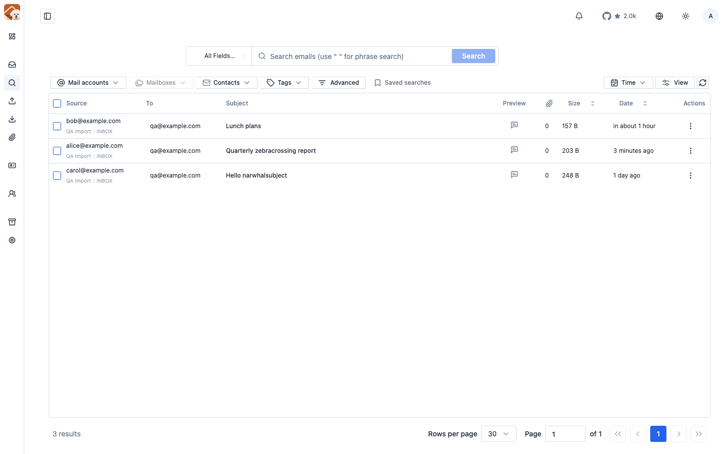 Bichon search results across archived mail