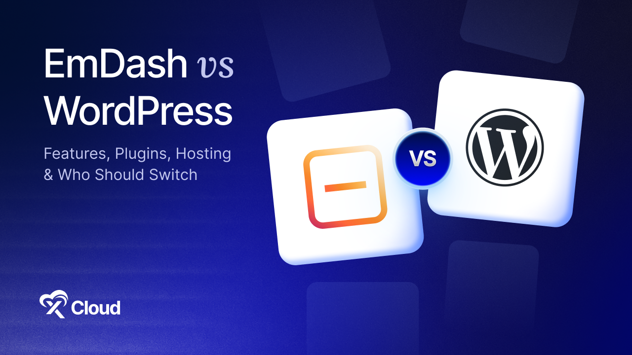 EmDash vs WordPress banner with the EmDash and WordPress logos on a dark blue background