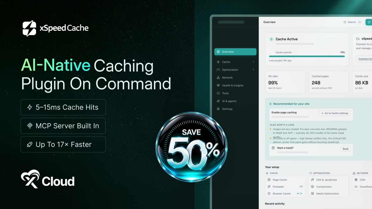 xSpeed Cache, an AI-native WordPress caching plugin, shown beside its Overview dashboard