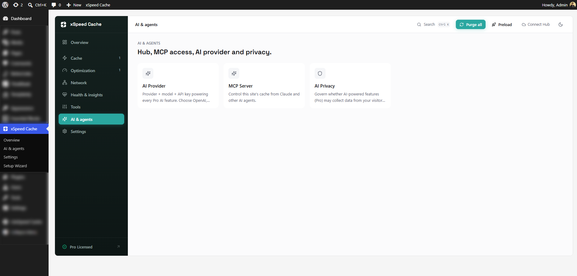The AI and Agents module inside xSpeed Cache, showing the AI Provider, MCP Server and AI Privacy cards