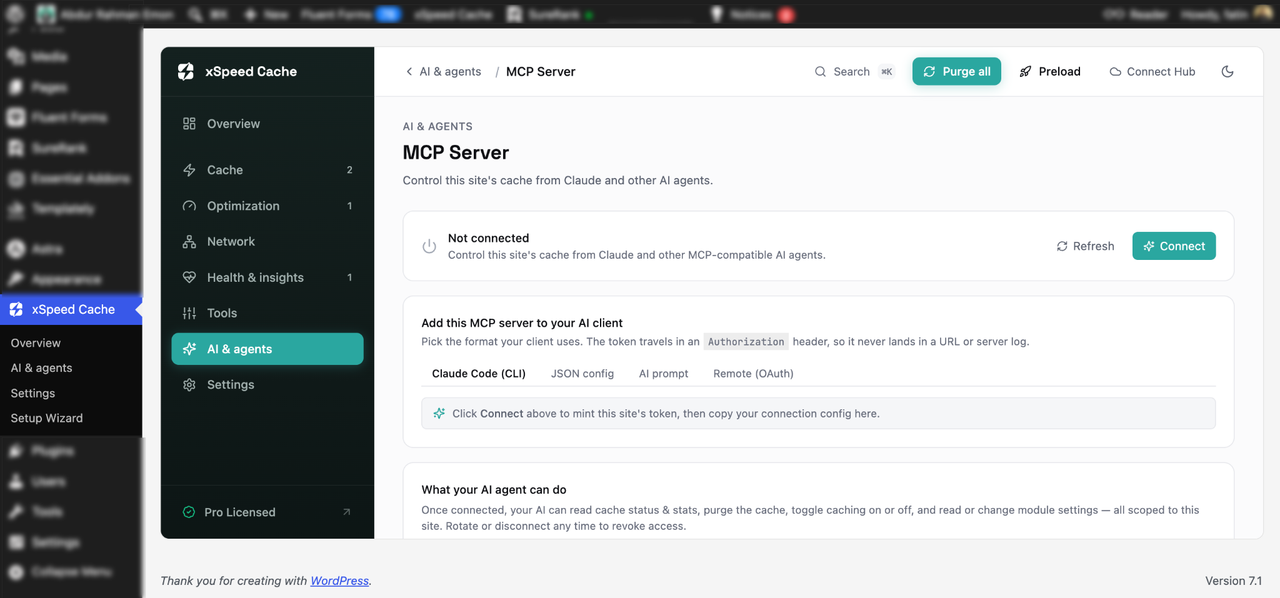 The MCP Server screen in xSpeed Cache with connection formats for Claude Code, JSON config, AI prompt and remote OAuth