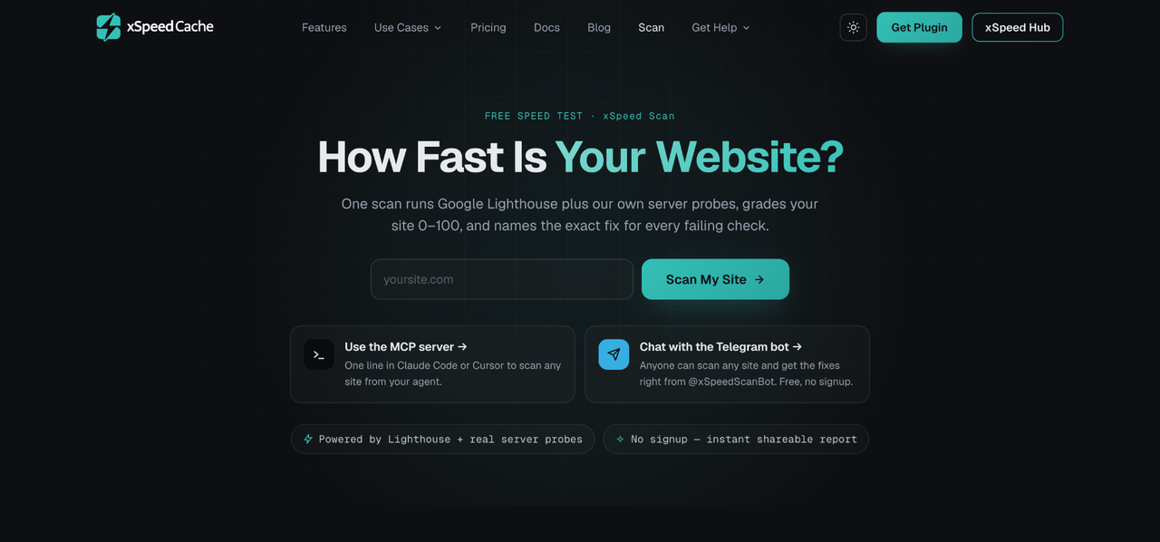 The xSpeed Scan free speed test page asking how fast your website is