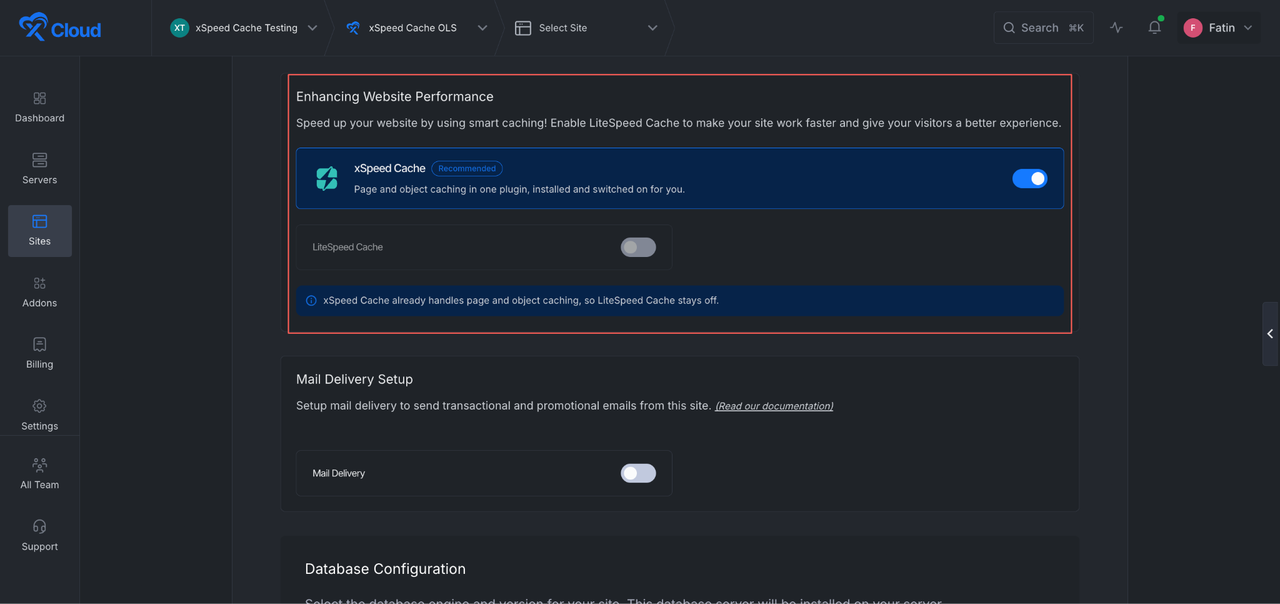 xSpeed Cache enabled and marked Recommended in the xCloud site creation screen