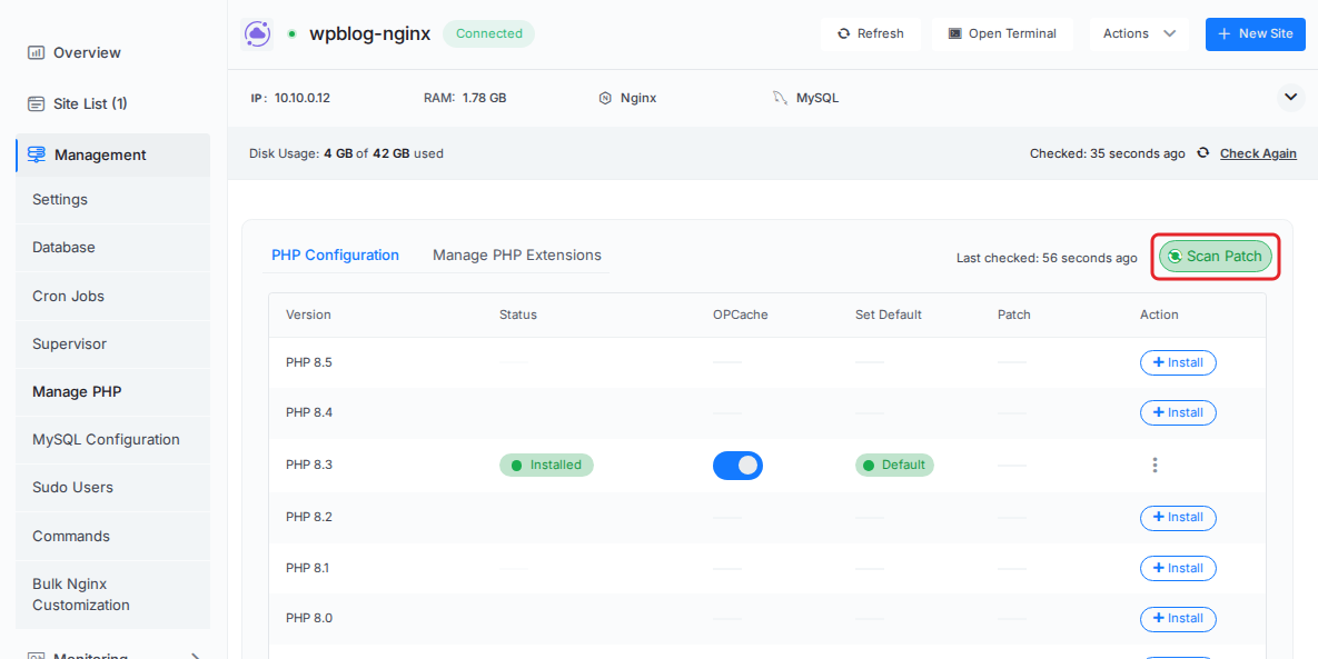 Manage PHP and Scan Patch in xCloud