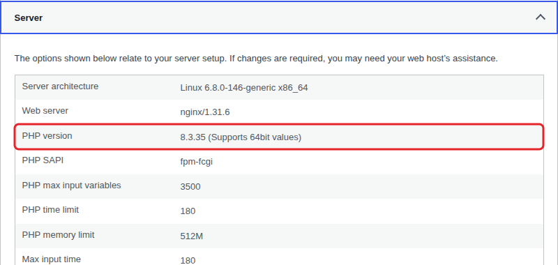 Check PHP version in WordPress Site Health