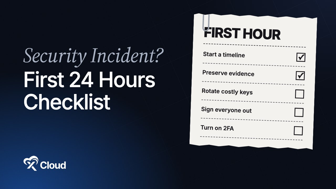 Security incident first 24 hours checklist: xCloud banner with the first-hour steps on a paper checklist