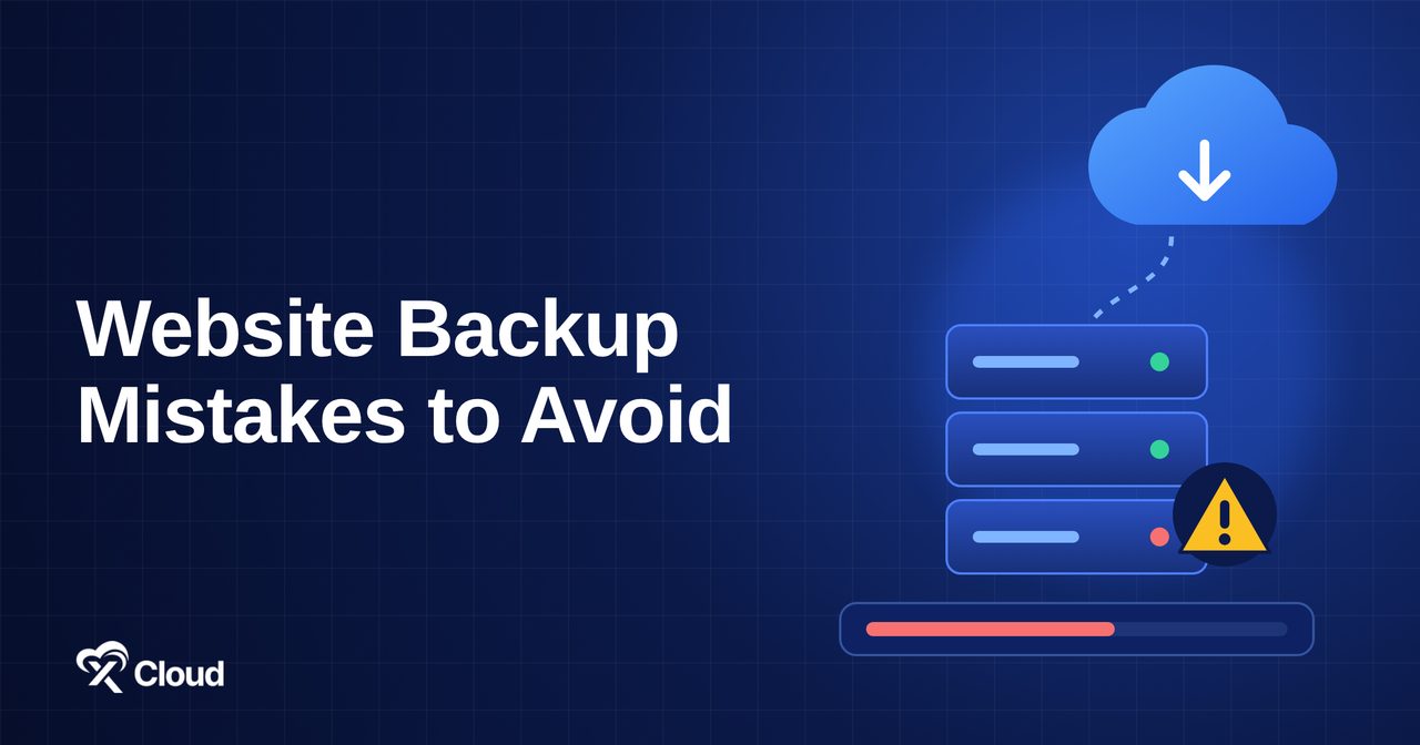 Website Backup Mistakes to Avoid — xCloud banner showing a server stack with a warning icon and a cloud backup arrow