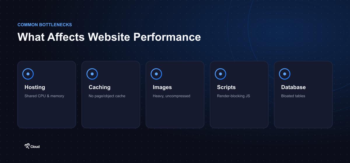 What affects website performance: hosting, caching, images, scripts, and database as the five common bottlenecks
