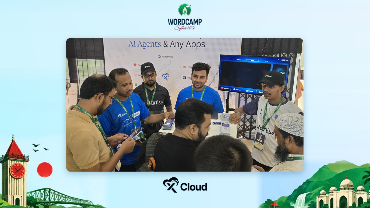 Attendees chatting with xCloud team members and picking up brochures at the xCloud booth at WordCamp Sylhet 2026