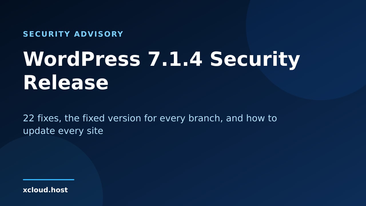 WordPress 7.1.4 security release: xCloud banner listing 22 fixes and the fixed version for every branch