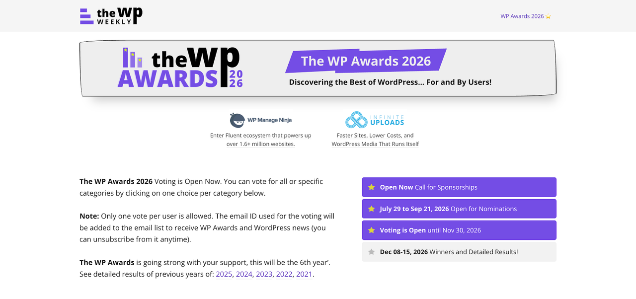 The WP Awards 2026 voting page on The WP Weekly