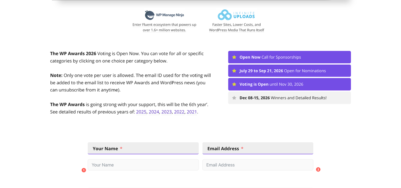 Your Name and Email Address fields on The WP Awards 2026 voting form