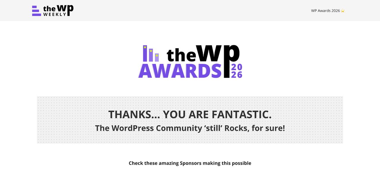 Vote confirmation message on The WP Awards 2026 voting page
