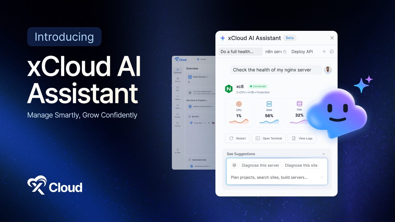 xCloud AI Assistant (Beta) panel open beside the xCloud dashboard, checking the health of a server
