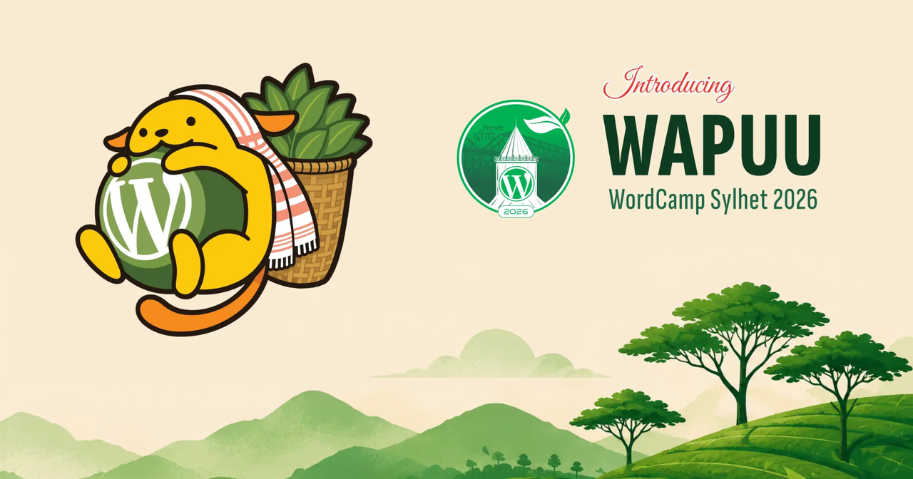 The WordCamp Sylhet 2026 Wapuu carrying a basket of tea leaves