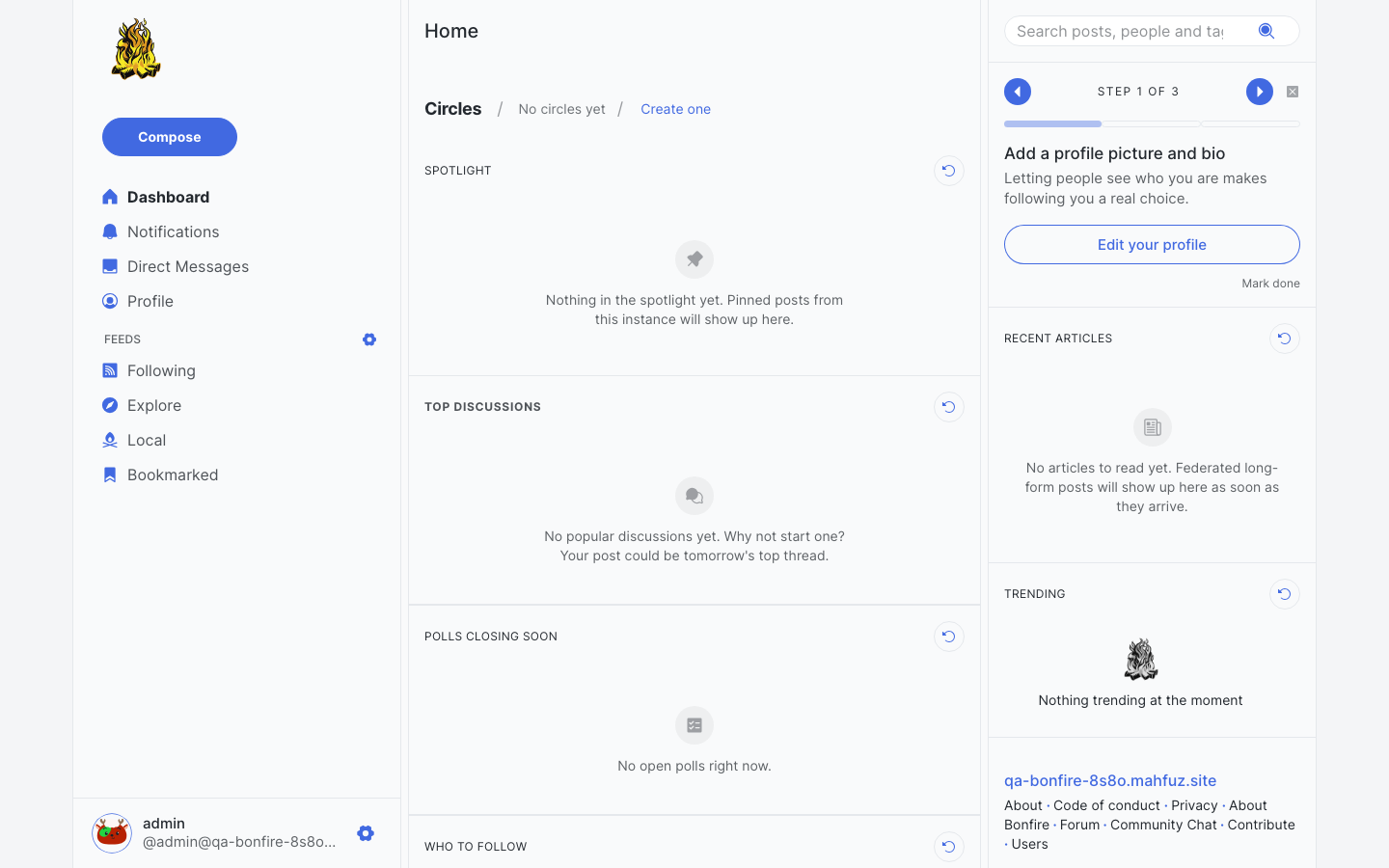 Bonfire dashboard after signing in as the administrator