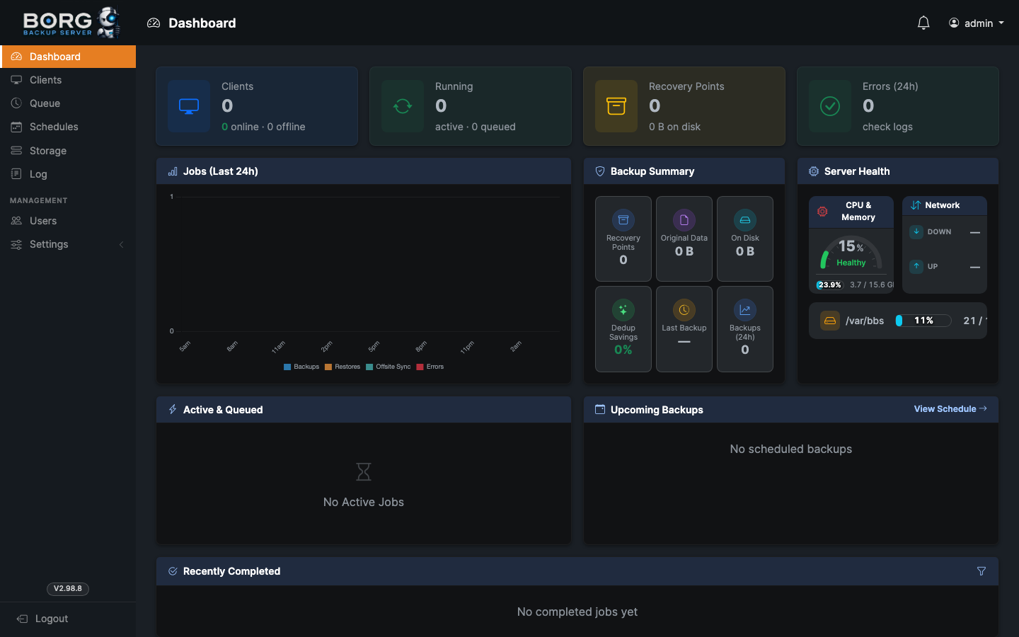 Borg Backup Server dashboard showing clients, running jobs, recovery points, backup summary and server health