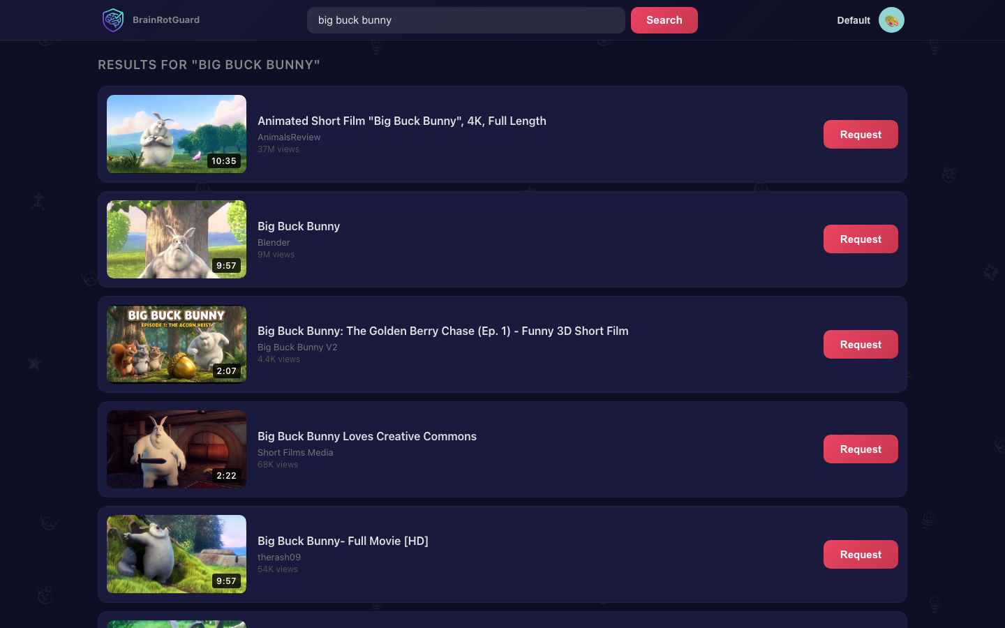 BrainRotGuard search results where a child can request a video