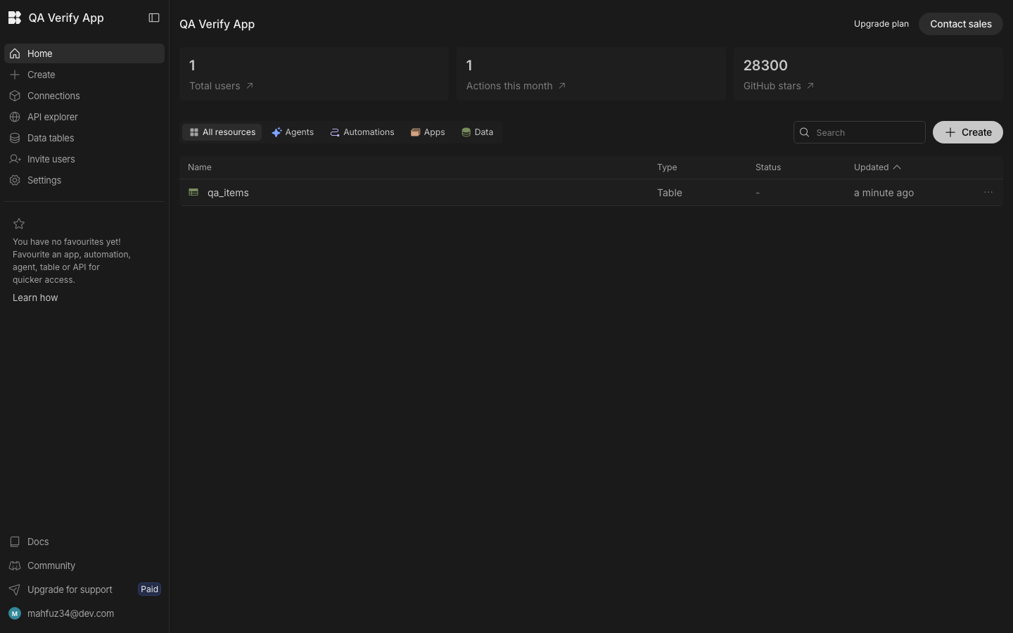 Budibase workspace home with the sidebar, resource tabs for Agents, Automations, Apps and Data, and a list of resources