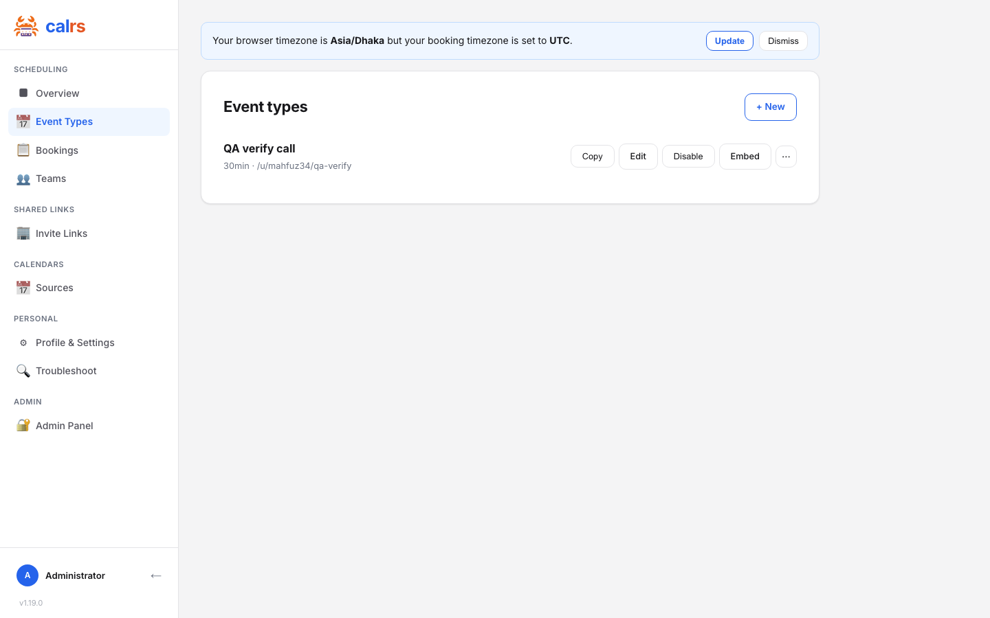 Cal.rs event type created in the dashboard