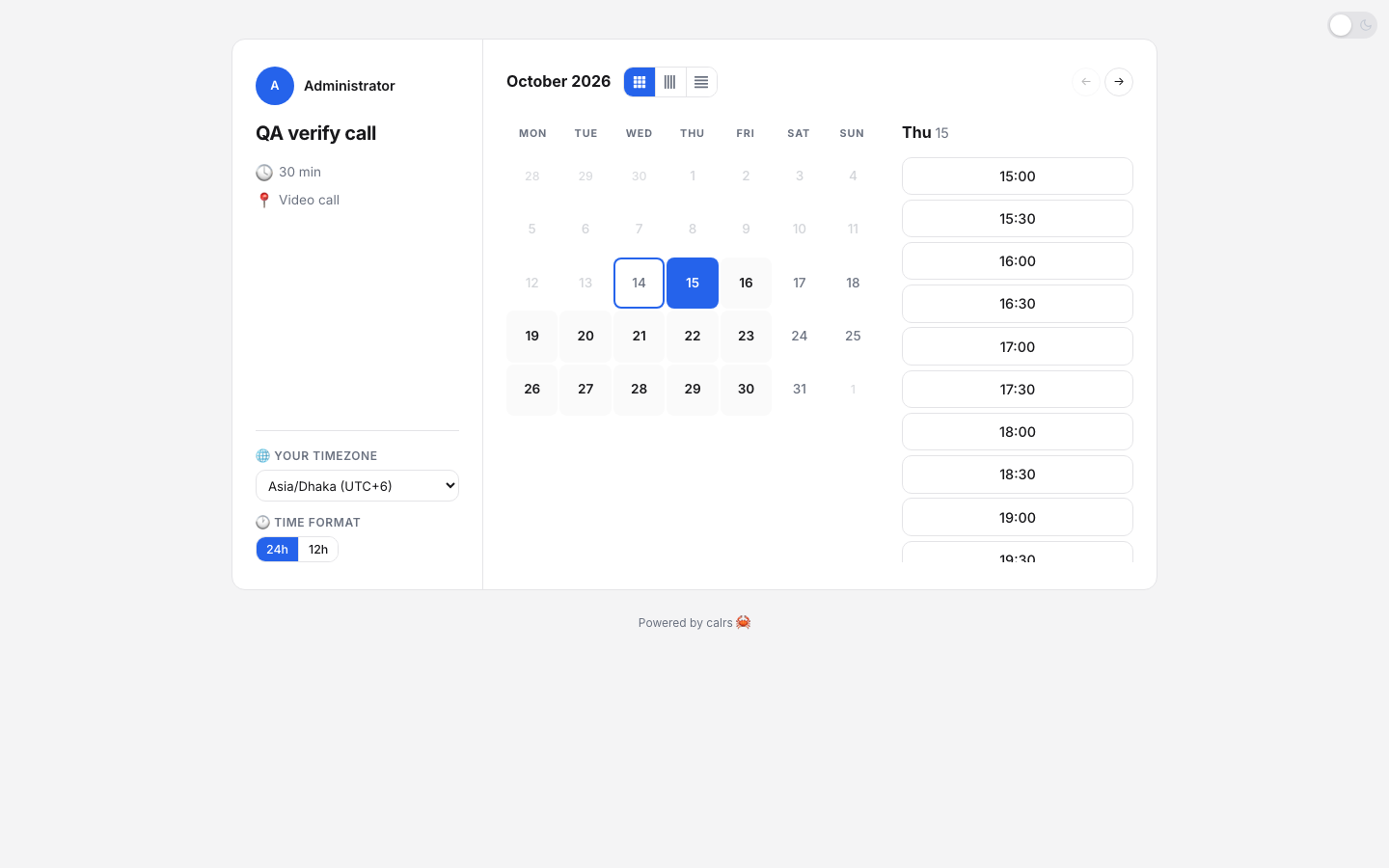 Cal.rs public booking page showing the published availability