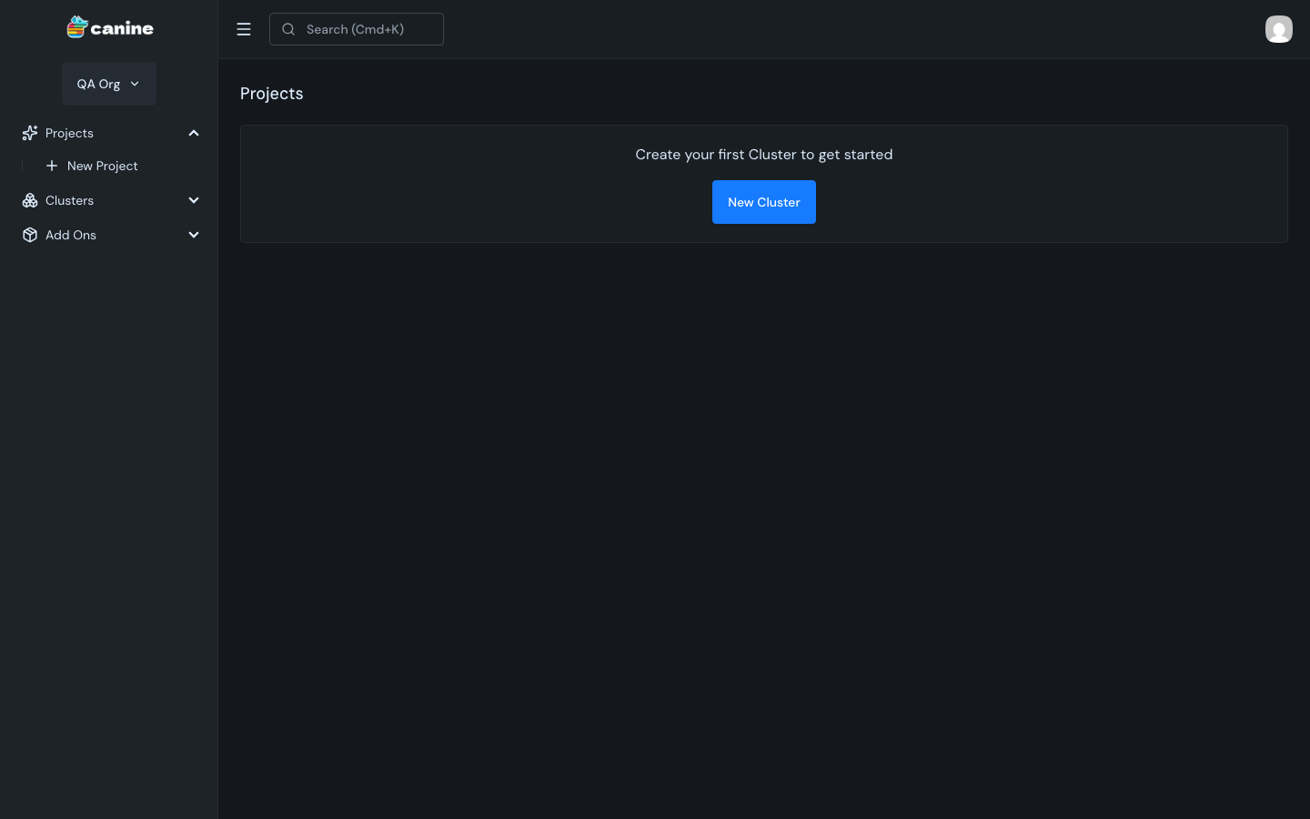The Canine console after onboarding, showing the Projects page with a New Cluster button