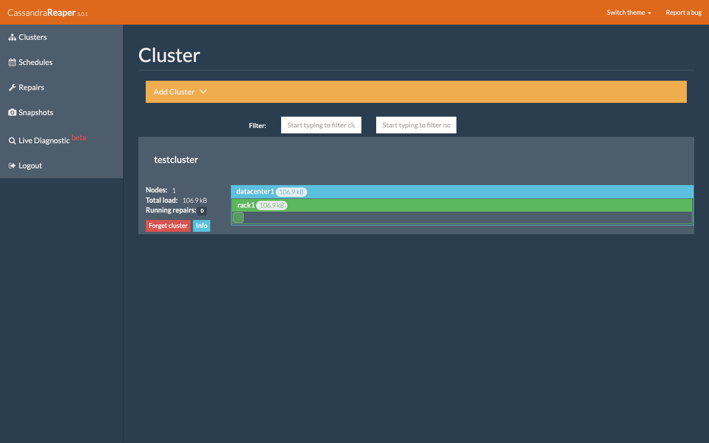 Cassandra Reaper dashboard showing a registered Cassandra cluster