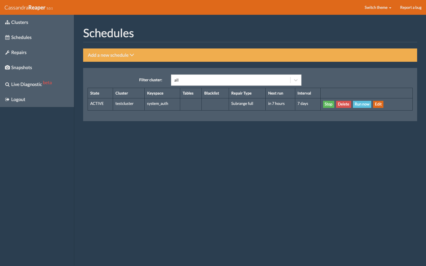 Cassandra Reaper repair schedule page listing a scheduled repair