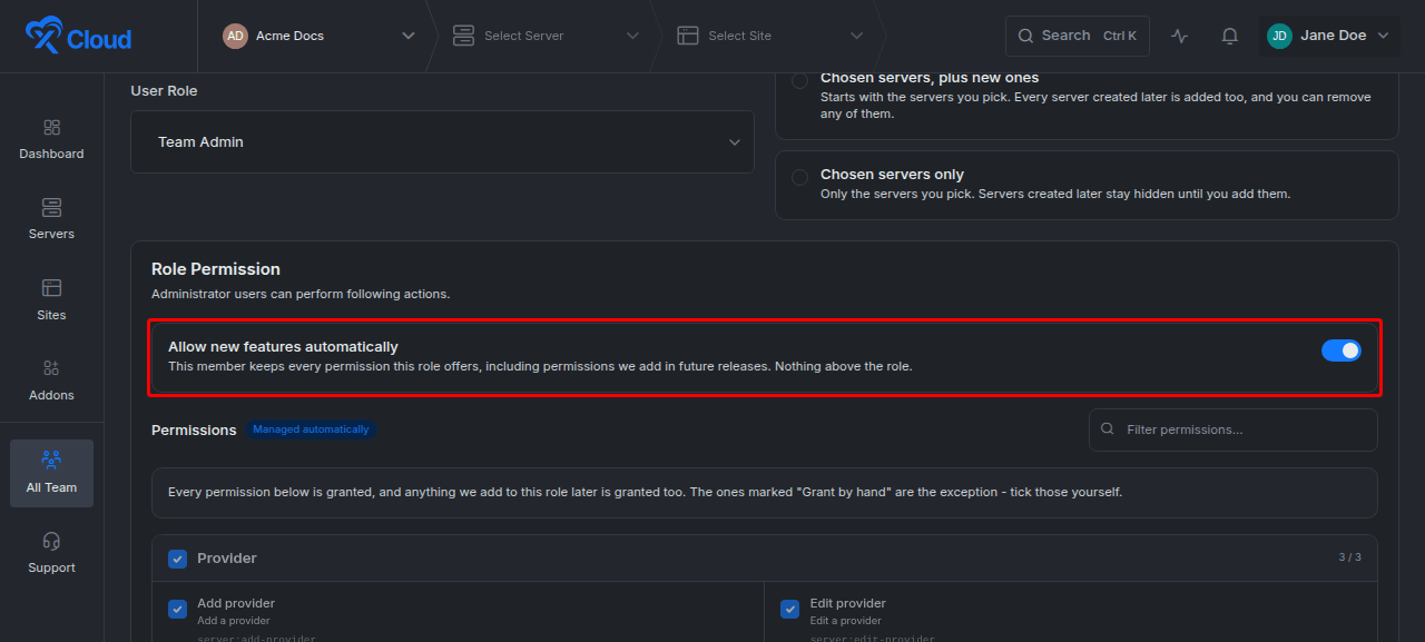 Keep a memberβs permissions in step with their role, so eligible new features are granted automatically.