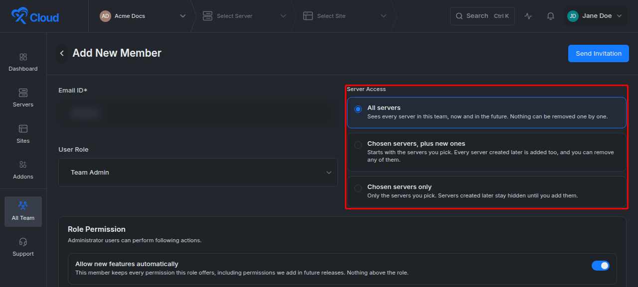 Choose whether a member reaches all servers and sites, only the ones you select, or the ones you select plus any added later.