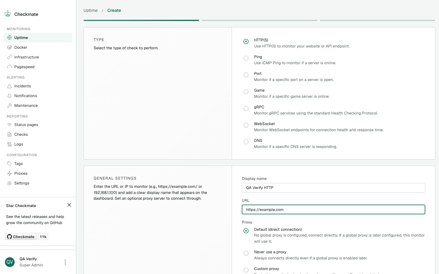 The Checkmate create monitor form listing HTTP, ping, port, game, gRPC, WebSocket and DNS check types