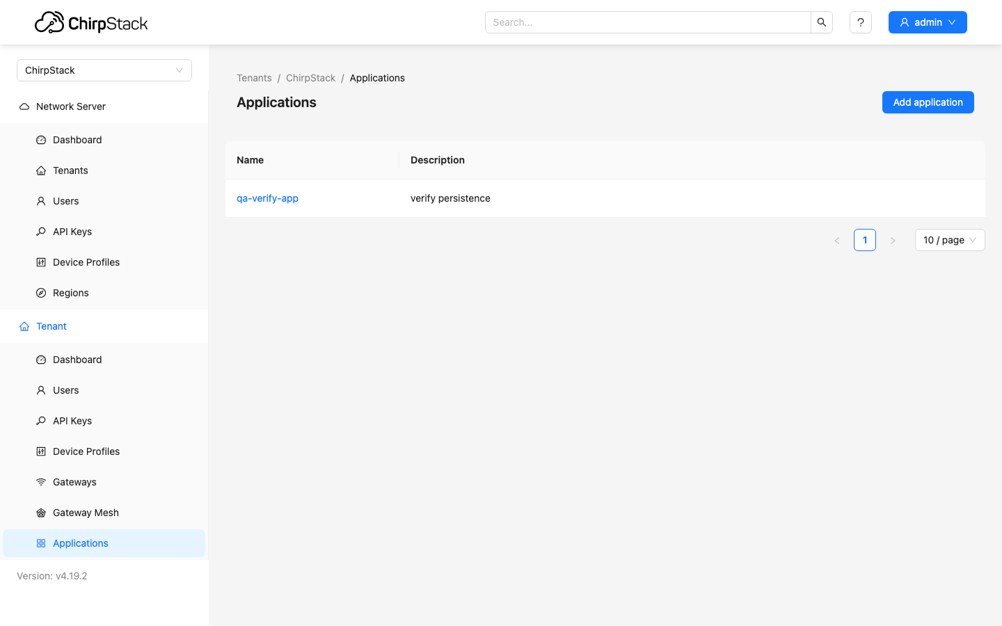 ChirpStack after a full container restart, with the application still listed