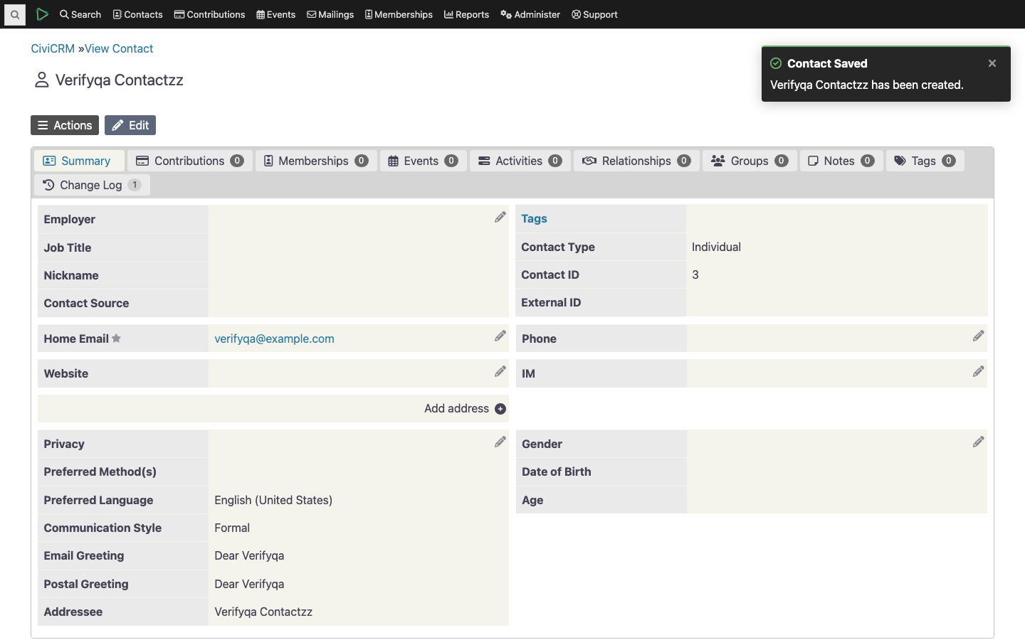 A contact record created in CiviCRM