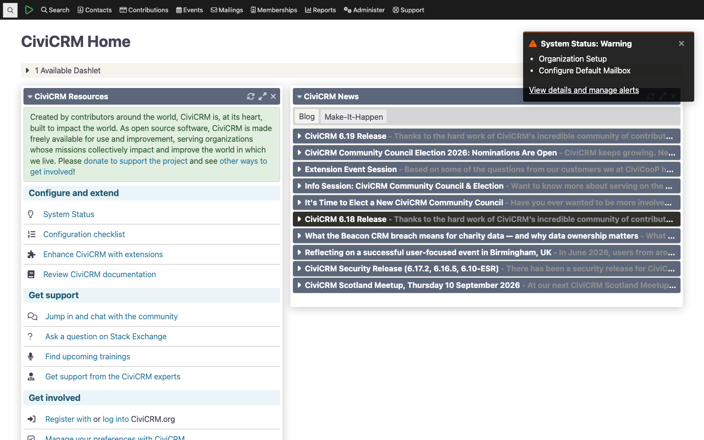 CiviCRM dashboard after signing in as the admin user