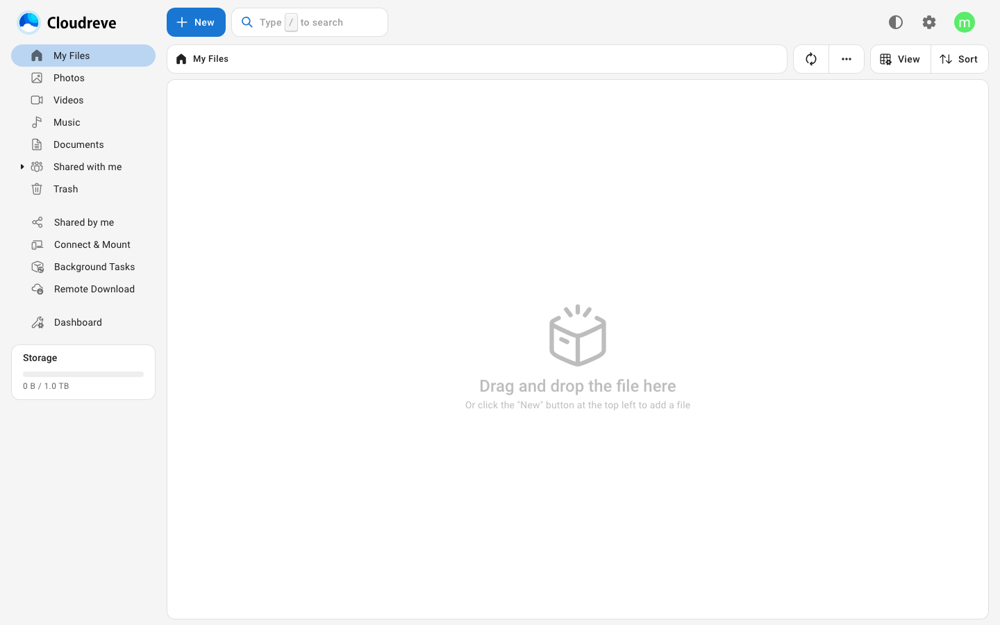 My Files in a self-hosted Cloudreve after the first administrator signs in