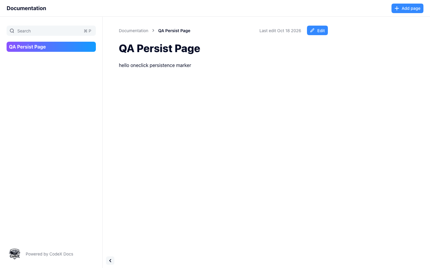 A saved page in a self-hosted CodeX Docs site, with the page sidebar and Edit button
